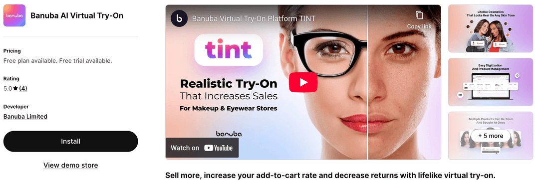 Ficha de la app Banuba en Shopify