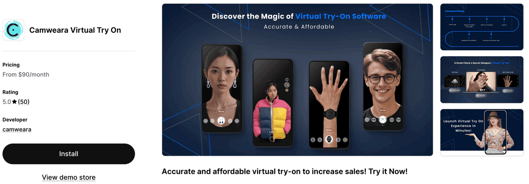 Ficha de la app Camweara en Shopify